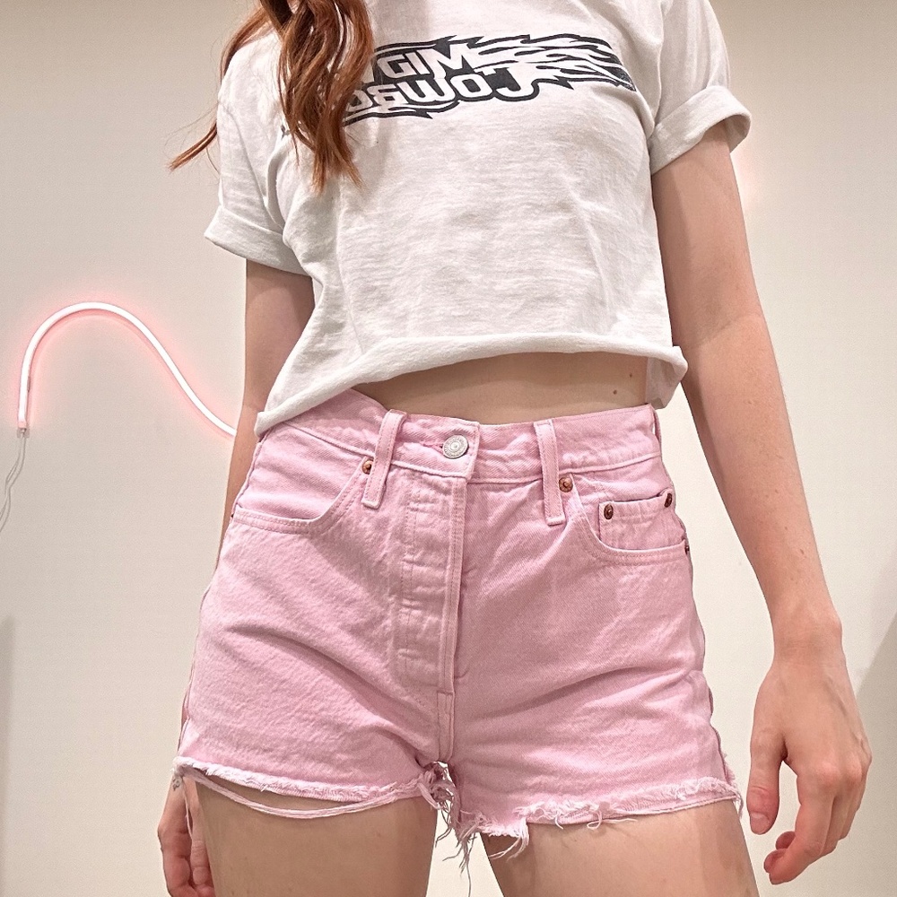 Levi 501 high waisted pink denim shorts